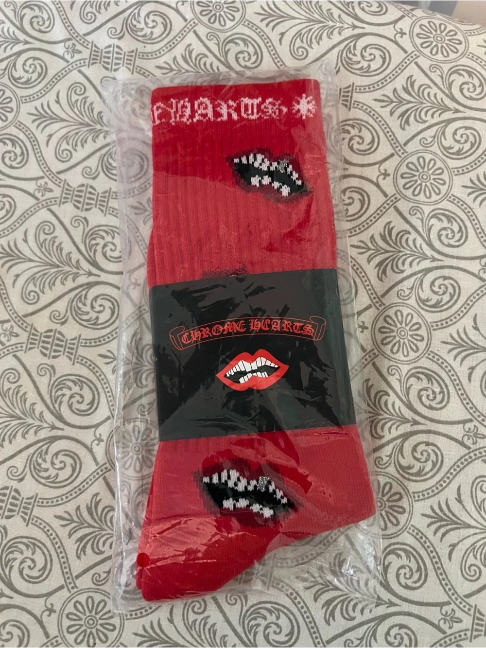 Chrome Hearts Red Crew Socks with Lip Graphic
